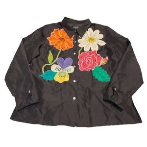 Russell Kemp Women Large 100% Silk‎ Shirt Embroidered Button Floral Long Sleeve